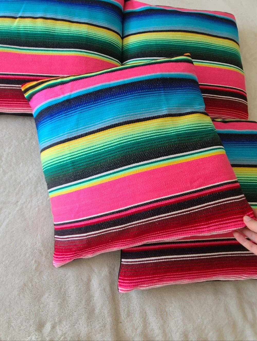 Set of 4 Multicolor Serape Pillow Cushion Bright Pink  Blue 16